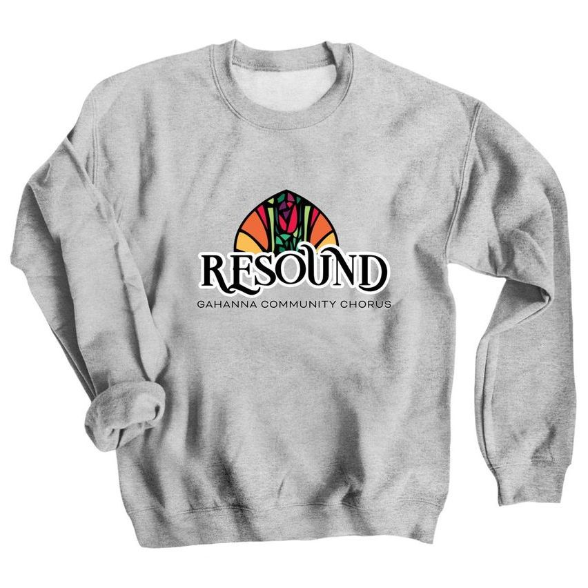 grey crewneck with gahanna community chorus's resound concert logo