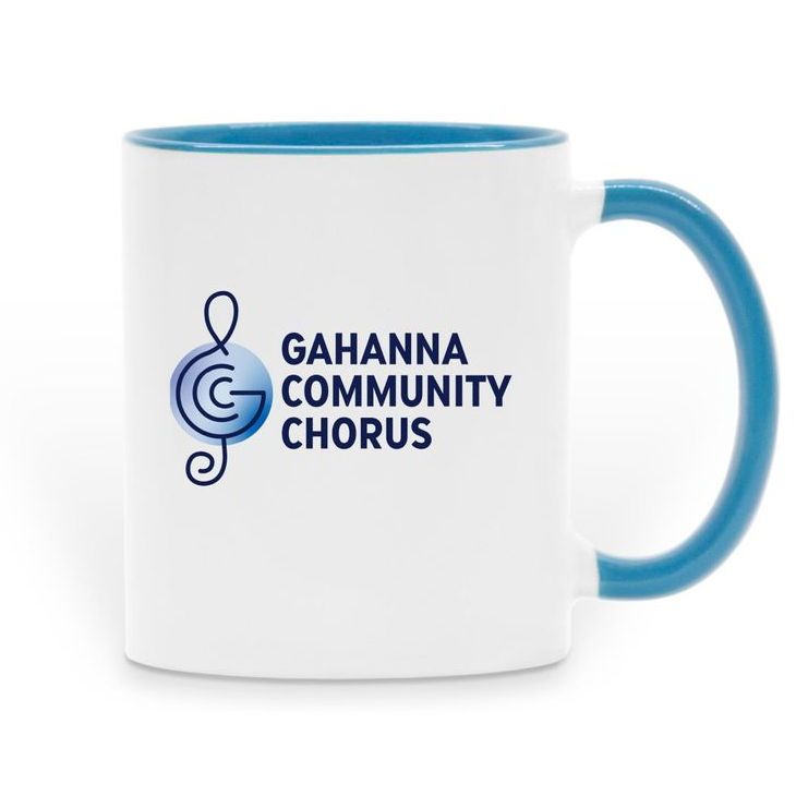 white mug with blue accents with the gahanna community chorus logo